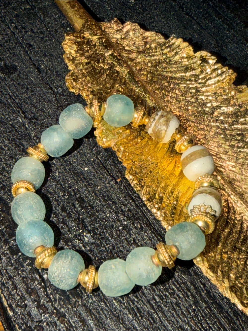Aquamarine Roman Glass Stretch Bracelet with 24KT Gold plated beads